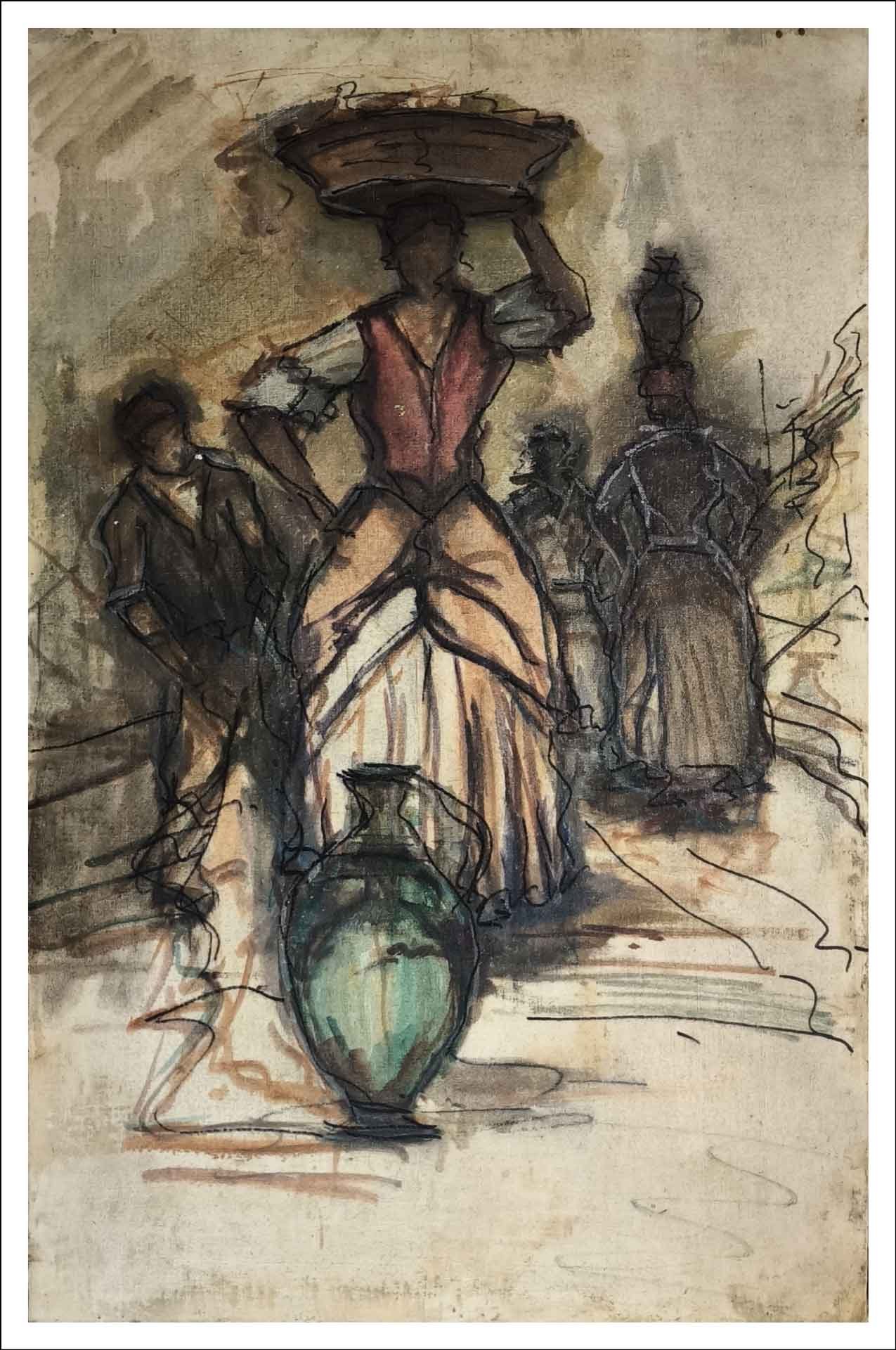 Donna-con-cesta-35x55cm-non-firmato