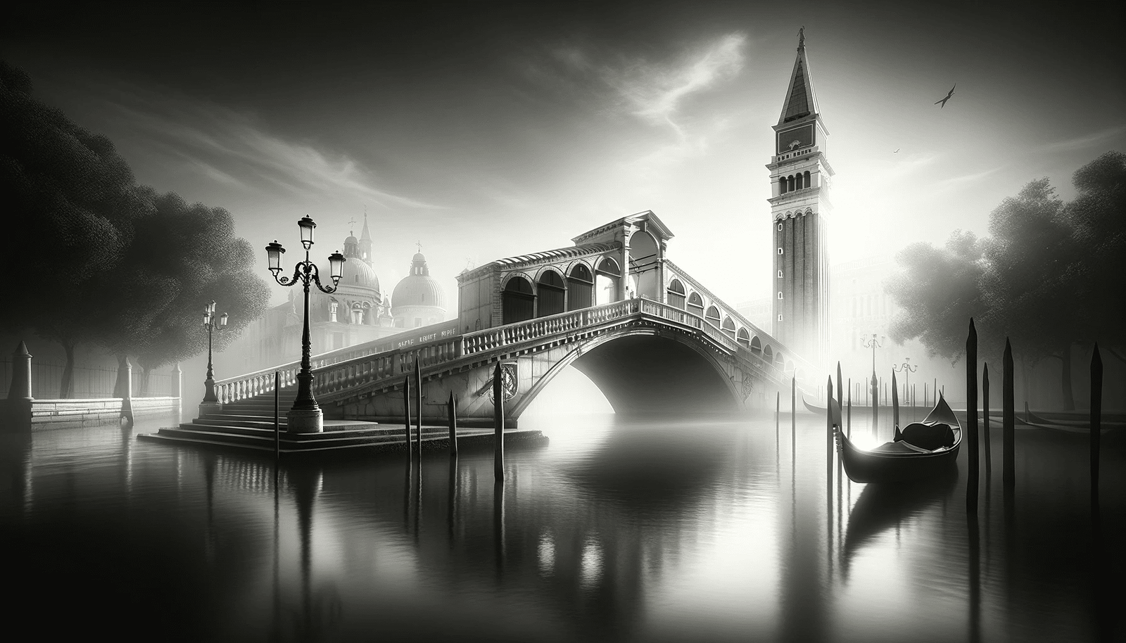 DALL·E 2024-05-28 17.23.53 - A dreamlike and photorealistic black and white image featuring a Venetian bridge and bell tower. The bridge is an elegant stone structure with classic