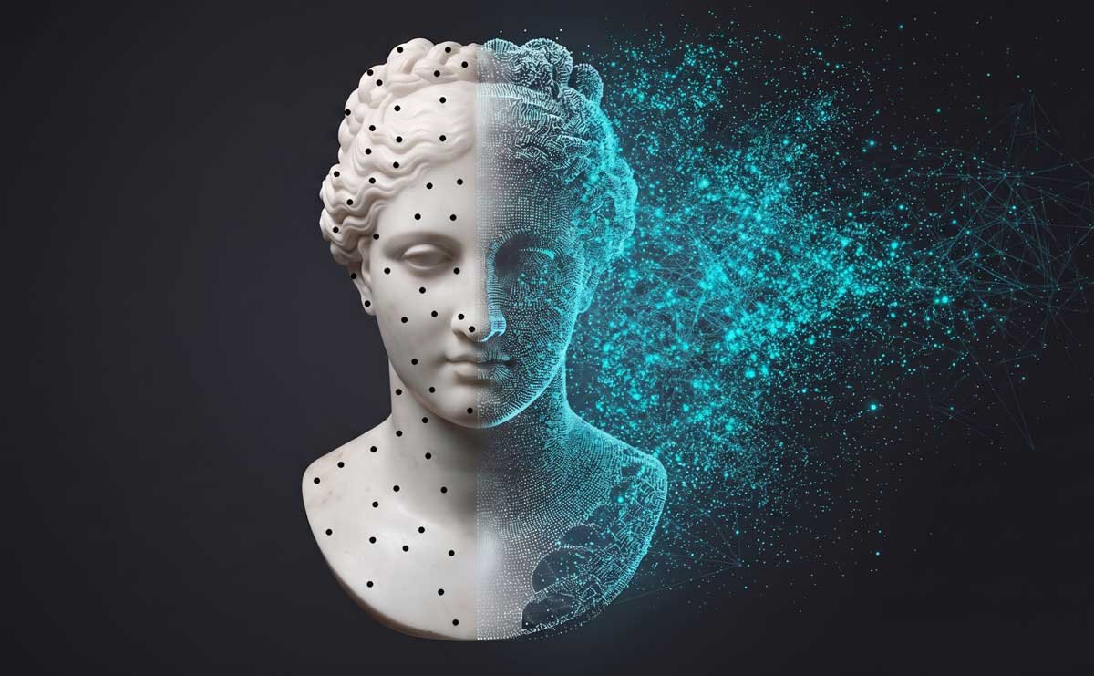 Busto classico reinterpretato come nuvola di punti, immagine generata con intelligenza artificiale
