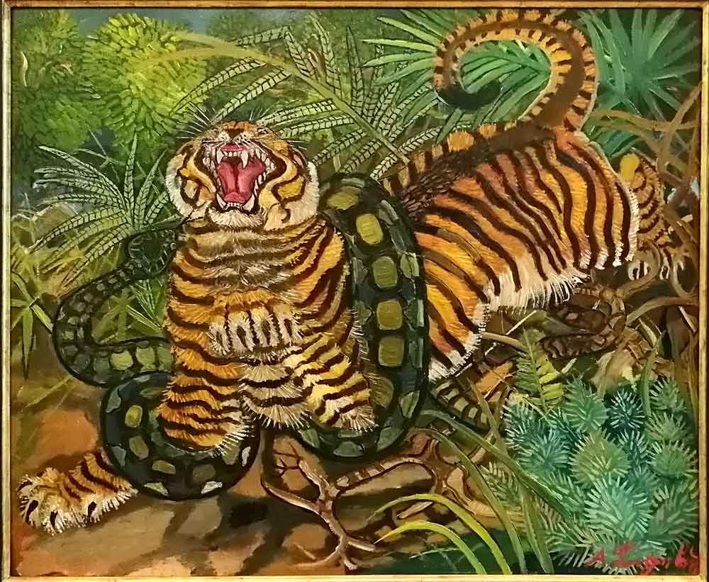 Tigre assalita dal serpente di Antonio Ligabue, 1953, olio su faesite