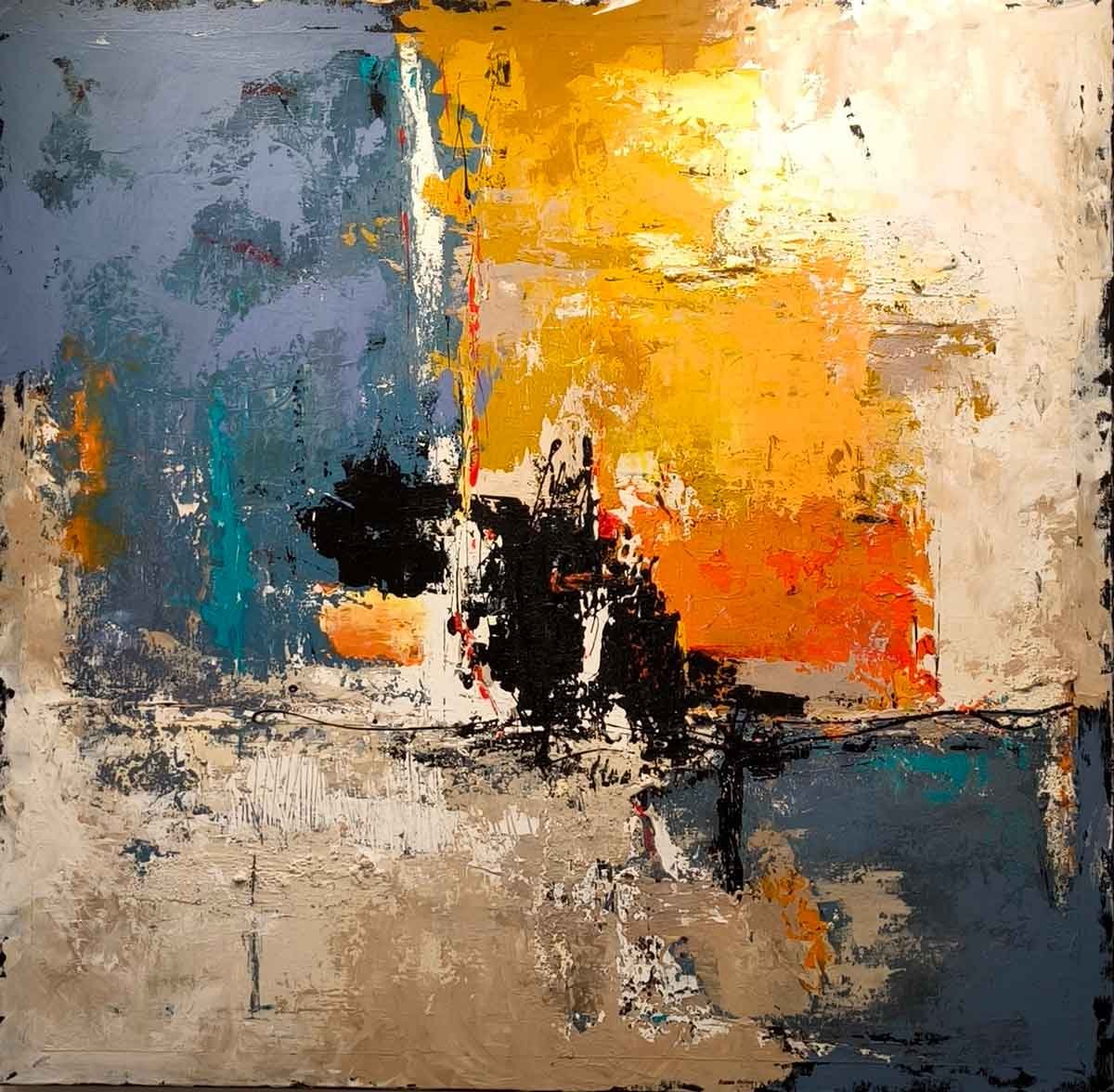 Renza Antico, dipinto astratto in grigio-azzurro, giallo ocra e nero a spatola