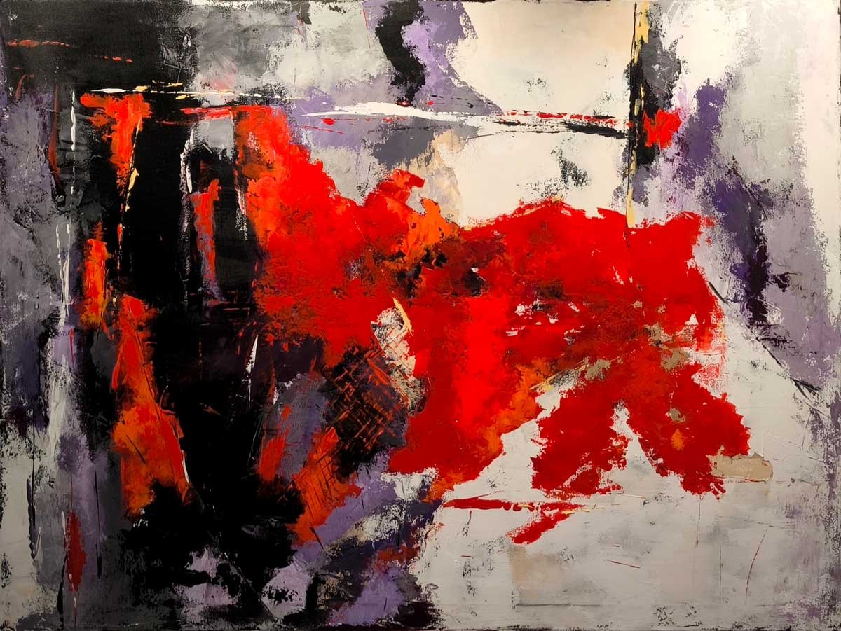 Renza Antico, dipinto astratto: esplosione di rosso con neri, viola e bianchi