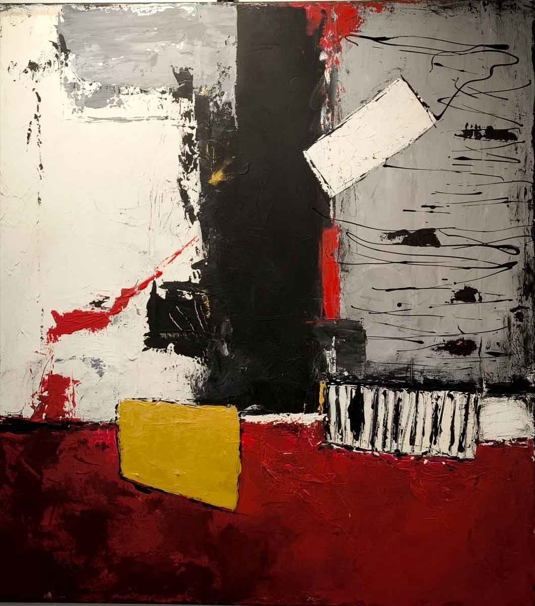 Renza Antico, dipinto astratto in nero, grigio e rosso scuro con un quadrato giallo e rettangoli bianchi