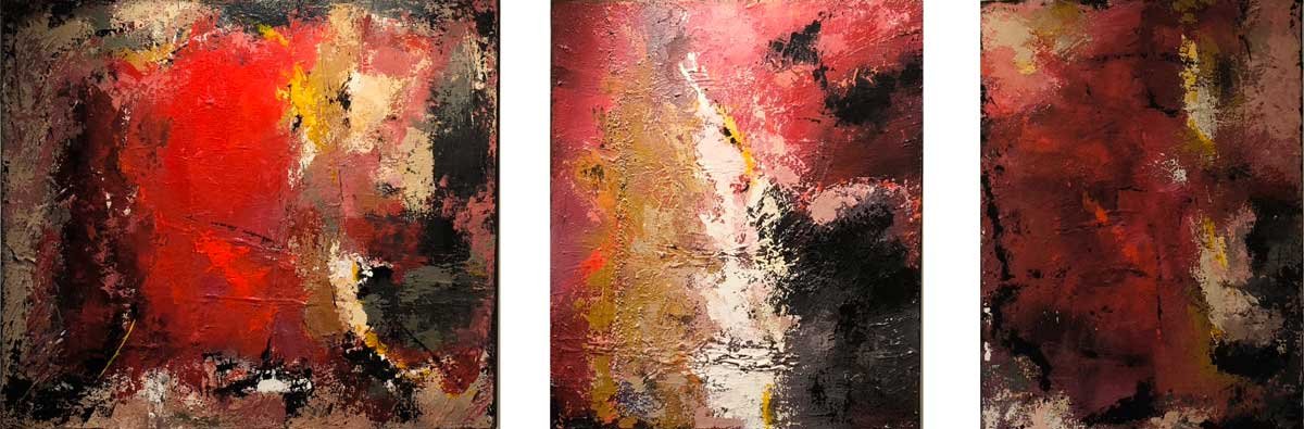 Renza Antico, trittico astratto in rosso, rosa e nero a spatola