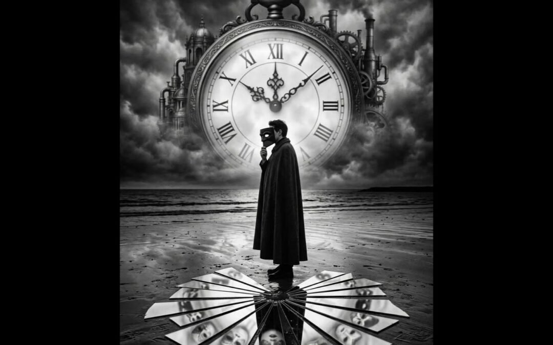 Un uomo con il mantello davanti a un grande orologio, riflesso in specchi frantumati sulla sabbia